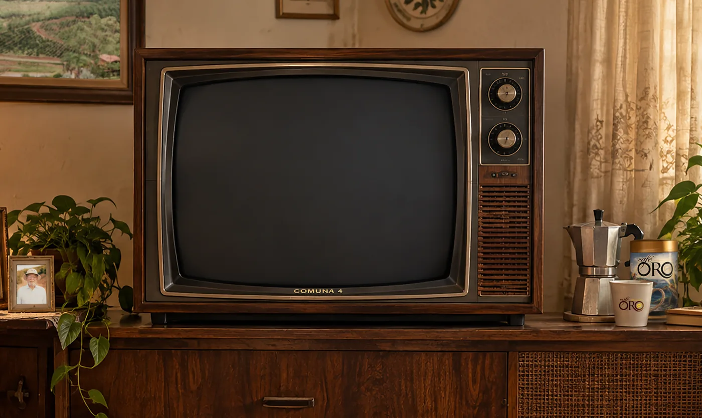 Una sala puertorriqueña: el televisor de mueble, la greca, los retratos de familia y la persiana.